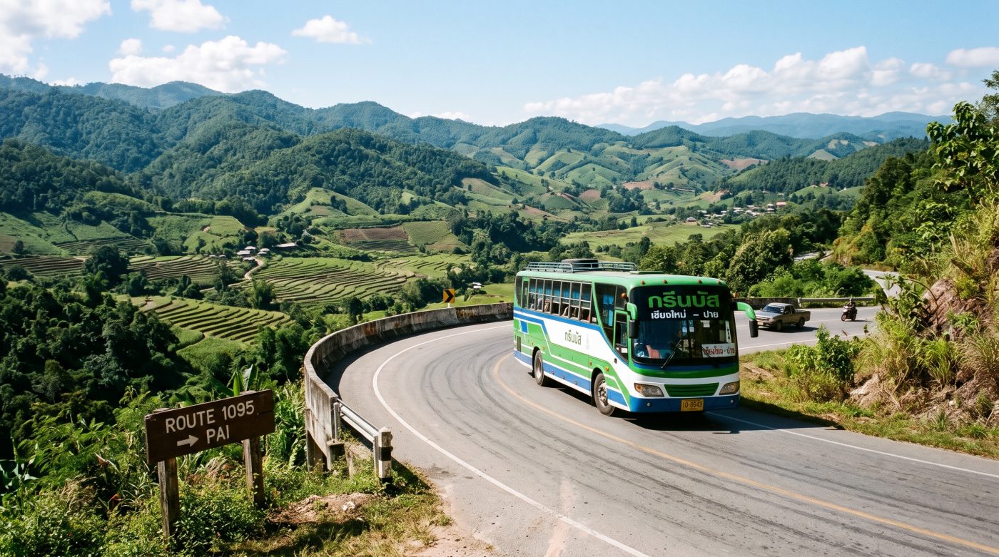A Thai intercity bus driving along a mountain highway in northern Thailand