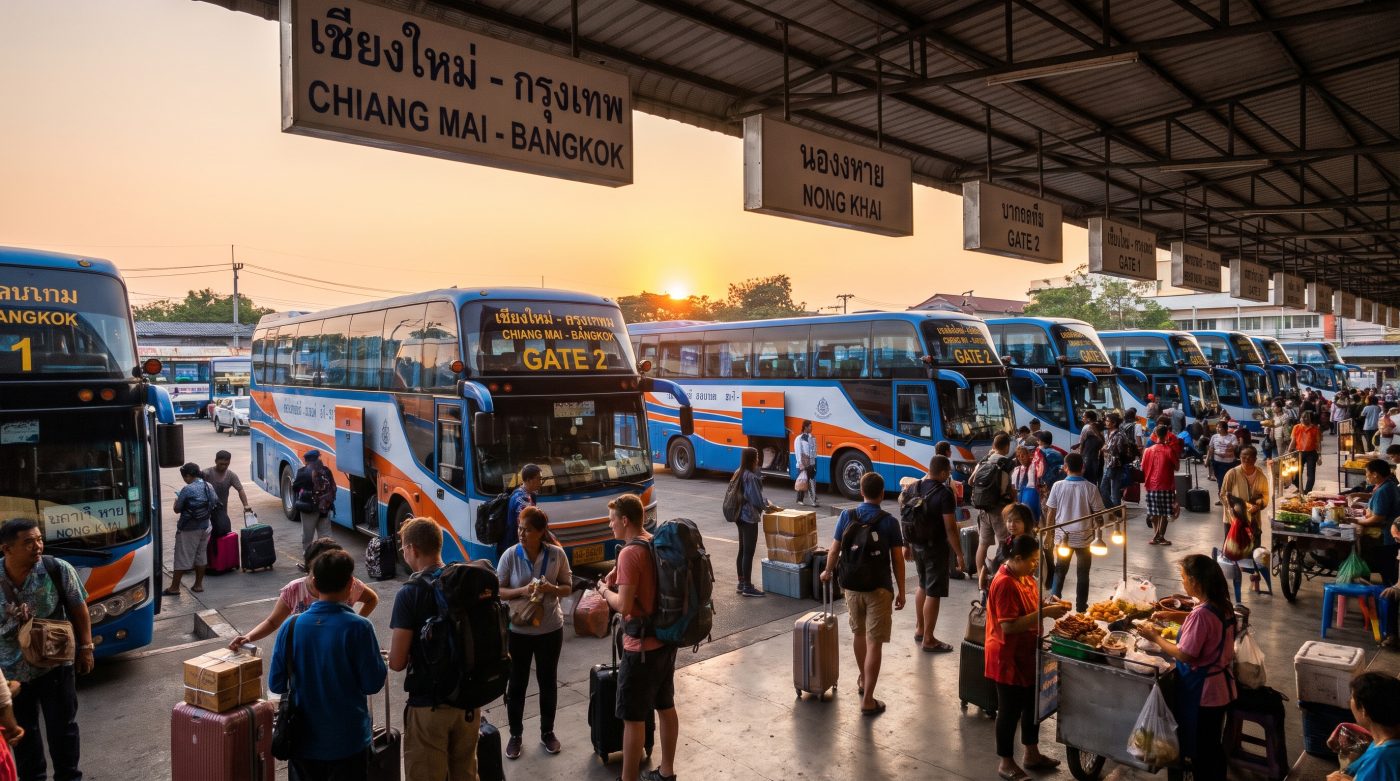 Rows of intercity coach buses parked at a Thai bus terminal in the evening