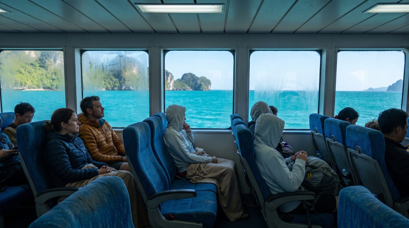 Inside a Thai ferry catamaran cabin with passengers wearing light jackets against the cold air conditioning