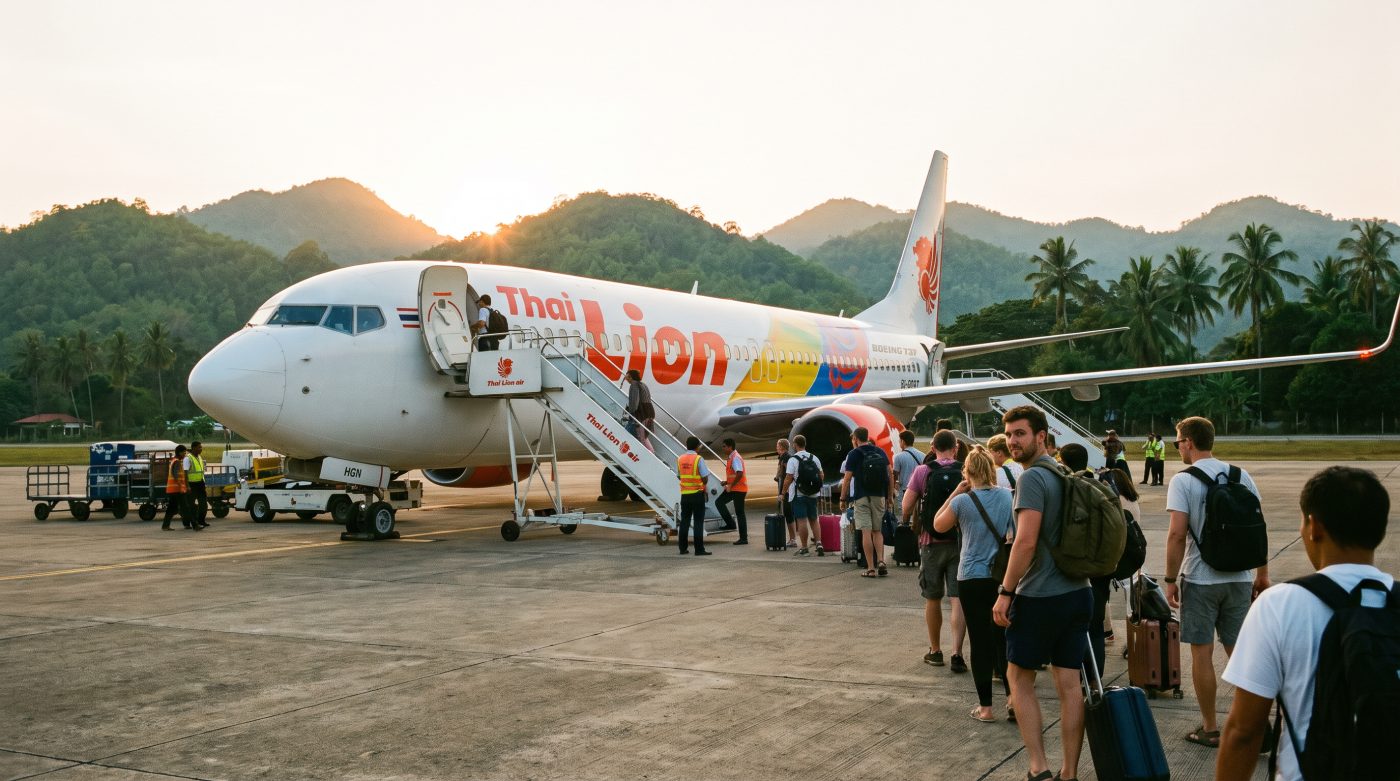 Passengers boarding a budget airline aircraft via airstairs on the tarmac at a regional Thai airport