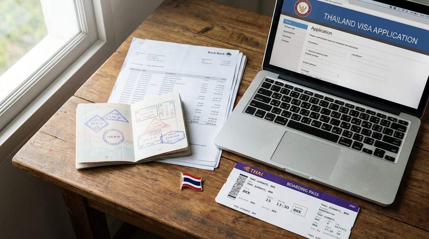 Flatlay of a passport, bank statements, and visa application documents on a desk
