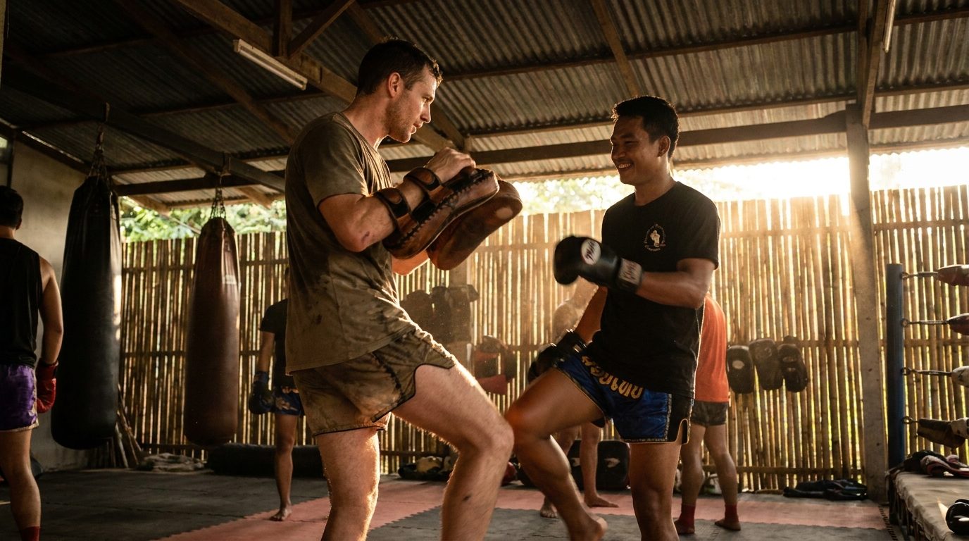 Foreign student training Muay Thai with a Thai trainer in Chiang Mai