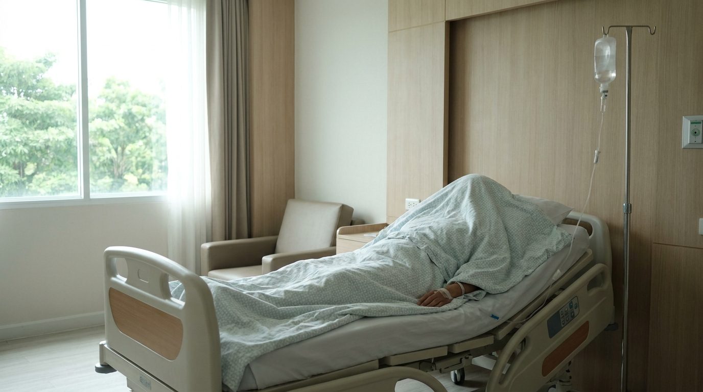 A calm private hospital room in Thailand with a patient resting in bed beside an IV drip stand