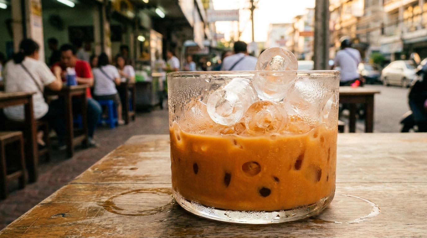 Glass of iced Thai tea with cylindrical ice cubes that have a hole through the center, condensation on the glass