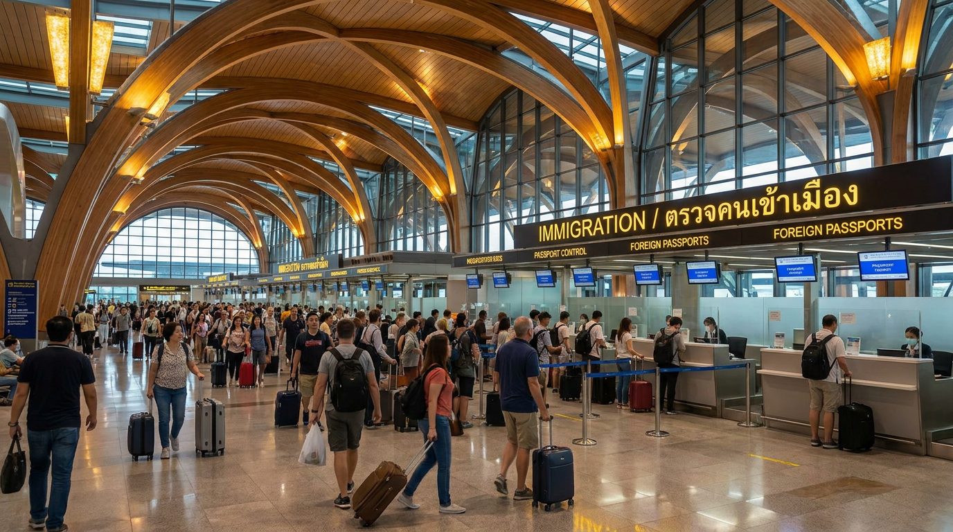 Travelers walking through a modern Thailand airport immigration arrival hall toward passport control