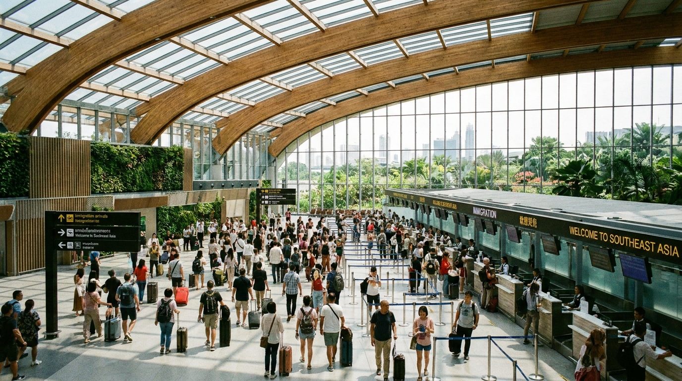 Travelers walking through a modern airport immigration arrivals hall