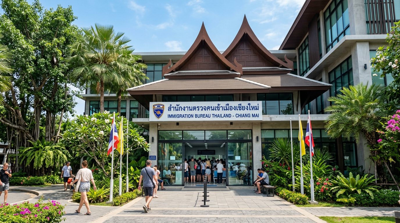 Exterior of a Thai immigration office with a queue area visible through the entrance
