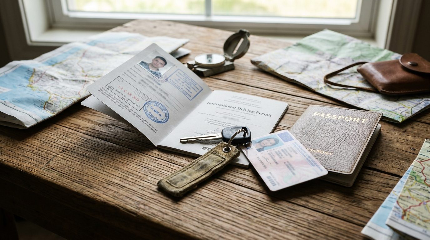 International Driving Permit booklet next to a home country driving license and passport