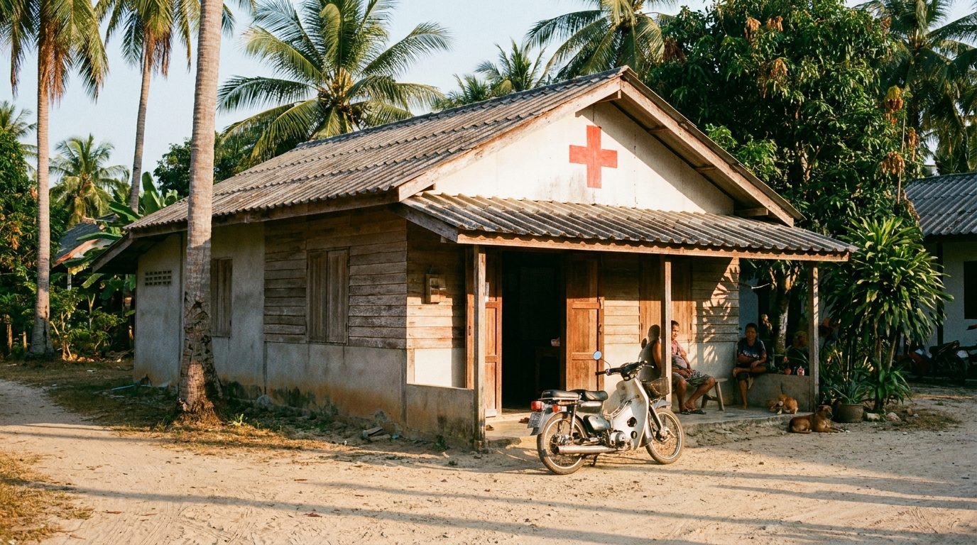 Small clinic on a Thai island with palm trees