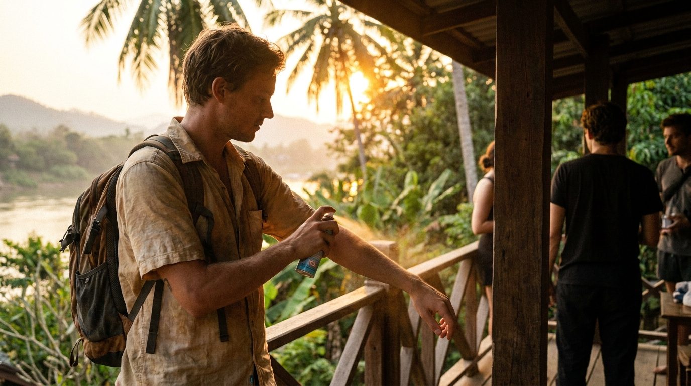 A traveler applying mosquito repellent to their forearm on a guesthouse balcony in Thailand at dusk