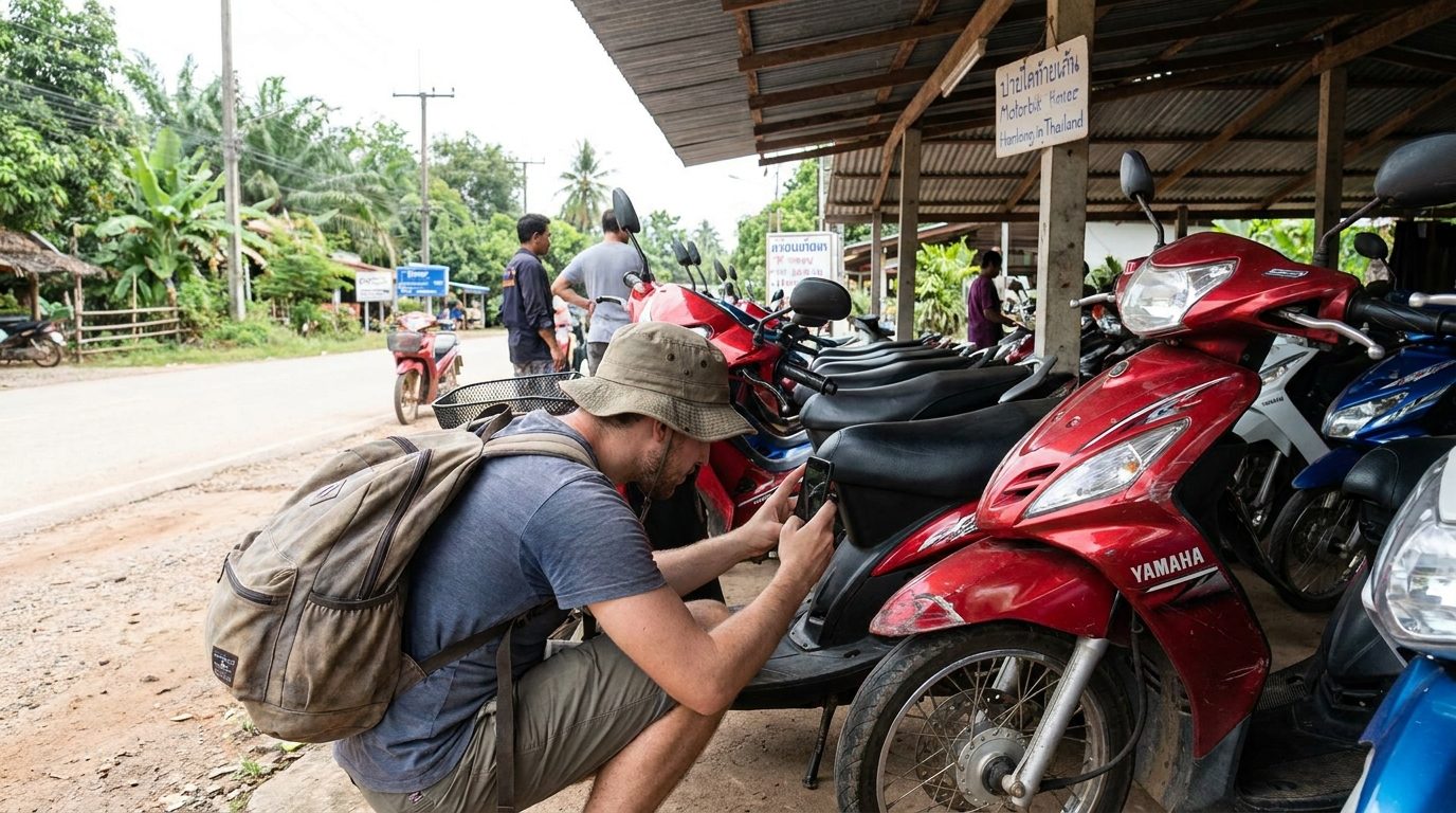 Tourist inspecting a rental scooter for existing damage before renting it in Thailand