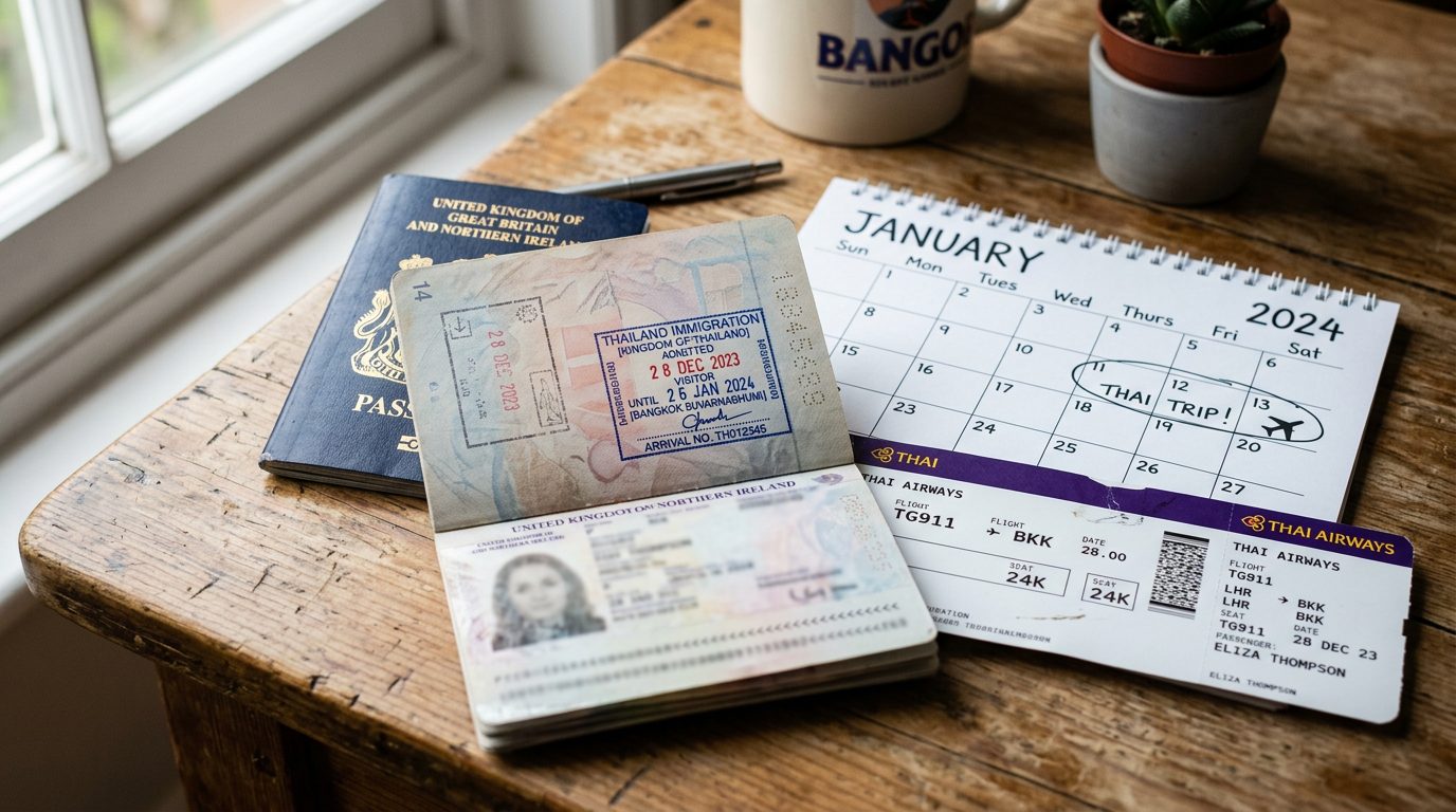 Passport with a Thailand entry stamp next to a calendar