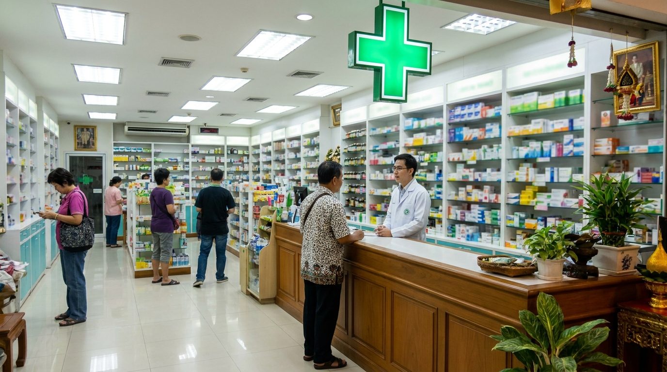 Well-stocked Thai pharmacy with a pharmacist helping a customer