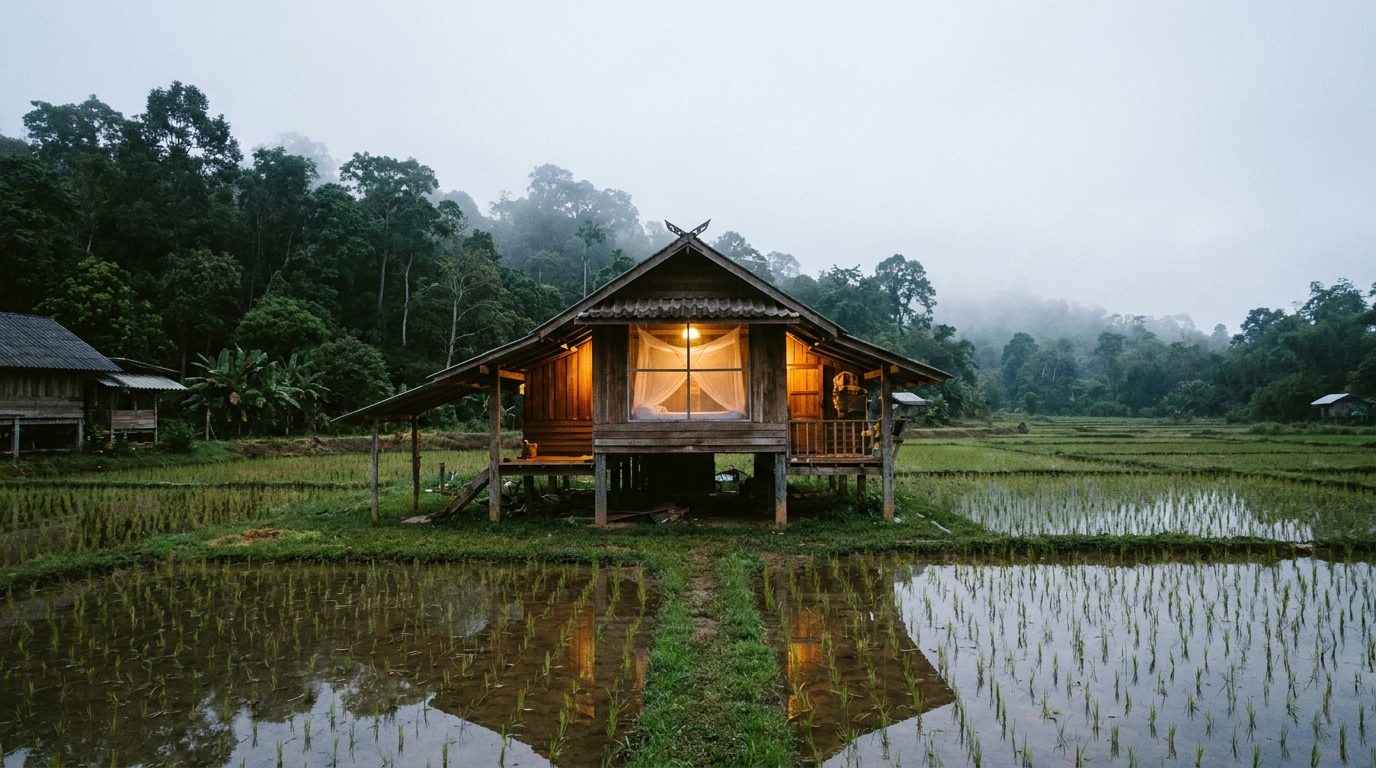 Traditional wooden stilt house in a rural Thai village at dusk with mosquito netting over the window