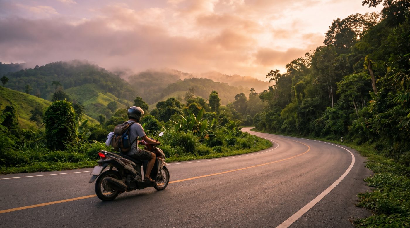 Traveler riding a scooter on a scenic mountain road near Pai, Thailand