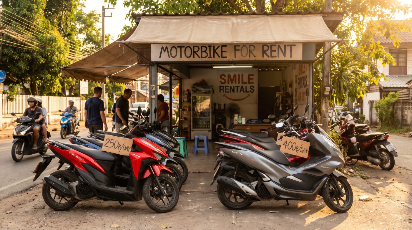 Row of rental scooters parked outside a small shop storefront in Thailand