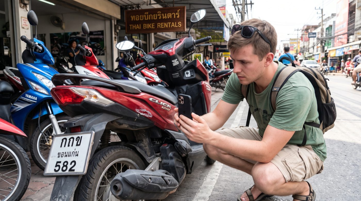 Tourist filming a walkaround inspection video of a rental scooter in Thailand