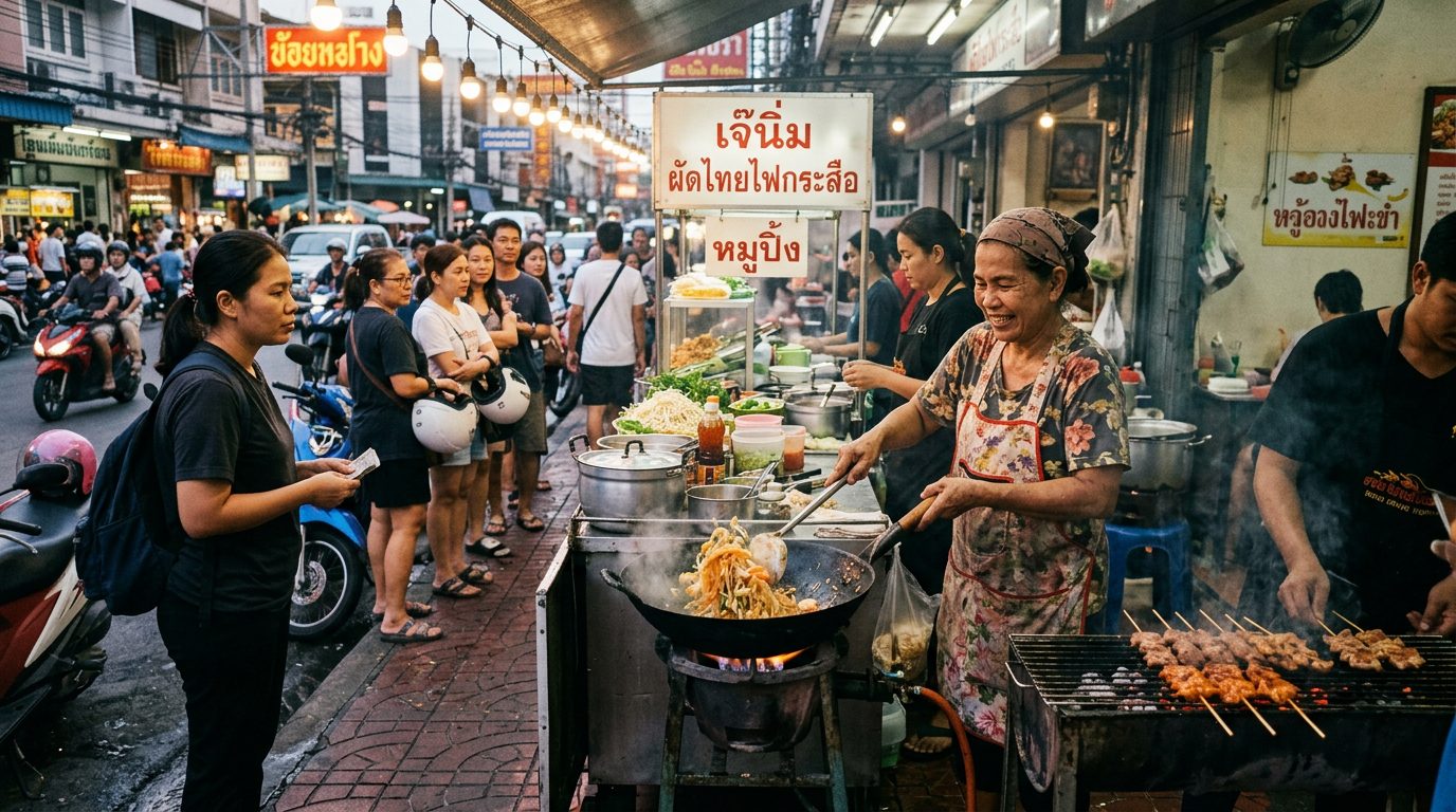 Busy Thai street food stall at dusk with a cook grilling food over a hot wok and a line of local customers waiting