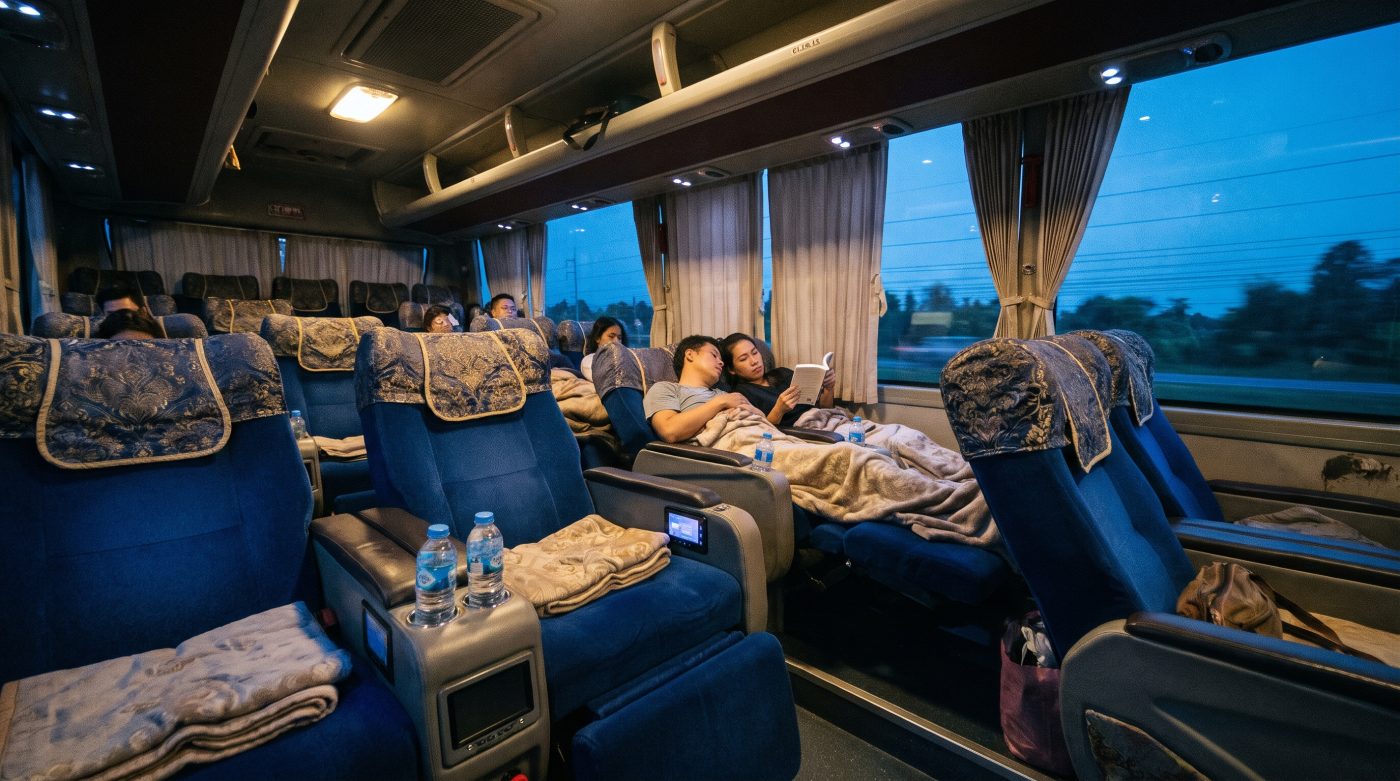 Wide reclining seats inside a Thai VIP overnight bus