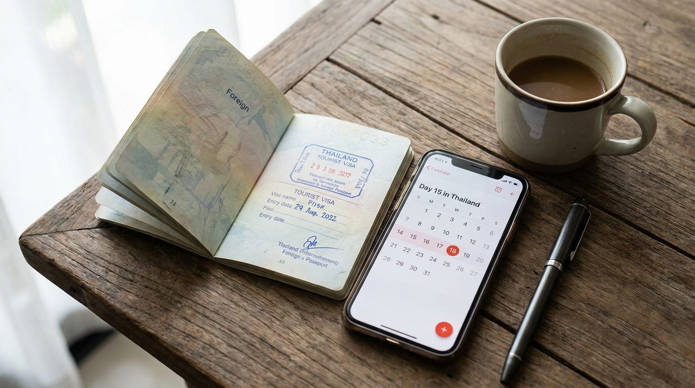 Passport with a Thailand visa entry stamp next to a phone calendar counting the days