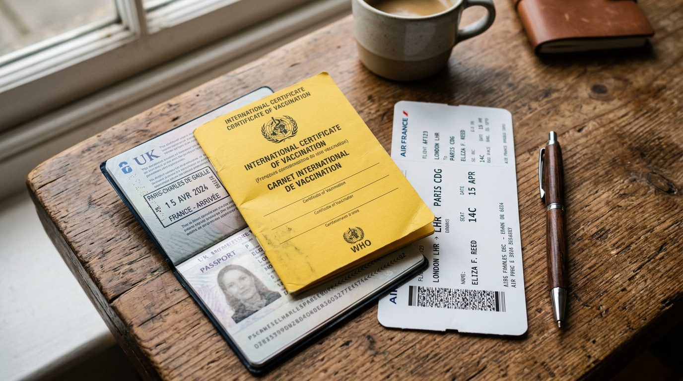 Yellow International Certificate of Vaccination card resting on an open passport