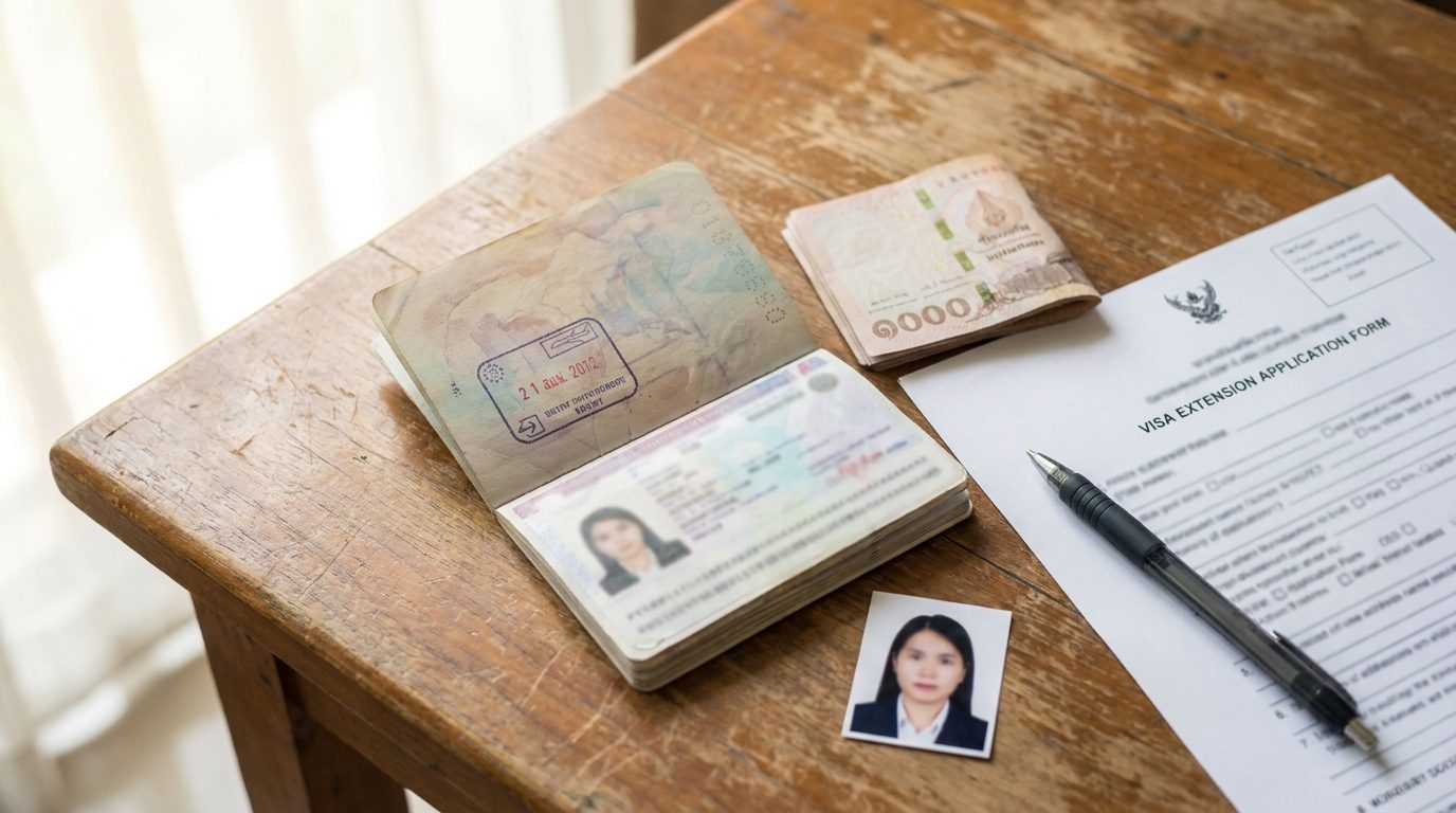 TM.7 visa extension form laid out with a passport, cash, and a passport photo on a desk