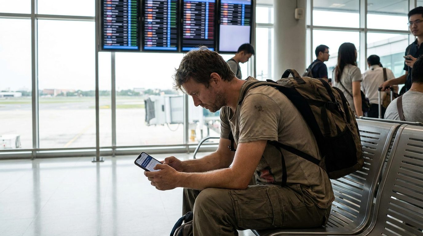 Traveler checking Thailand visa requirements on a phone at the airport